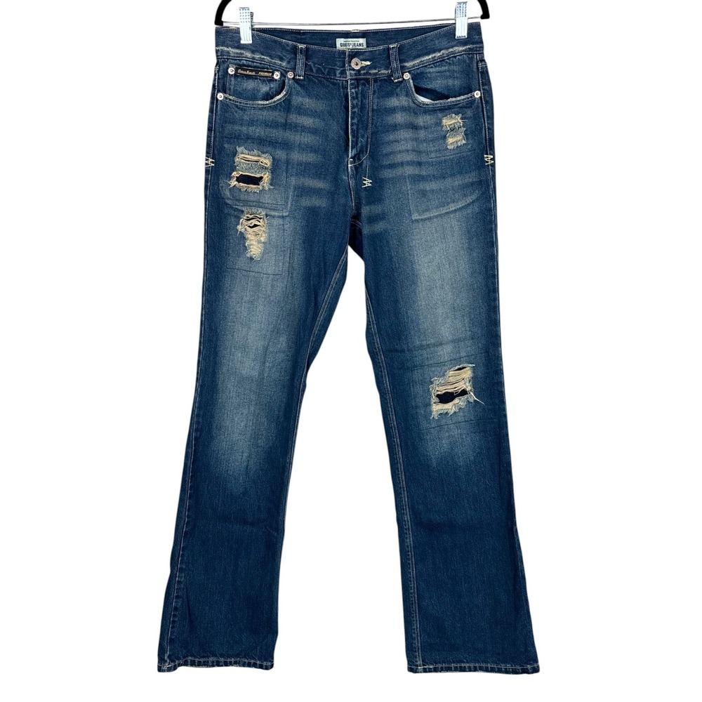 Vintage 90s Men's Guess Distressed Ripped Denim Straight Leg Jeans‎ 32/33
